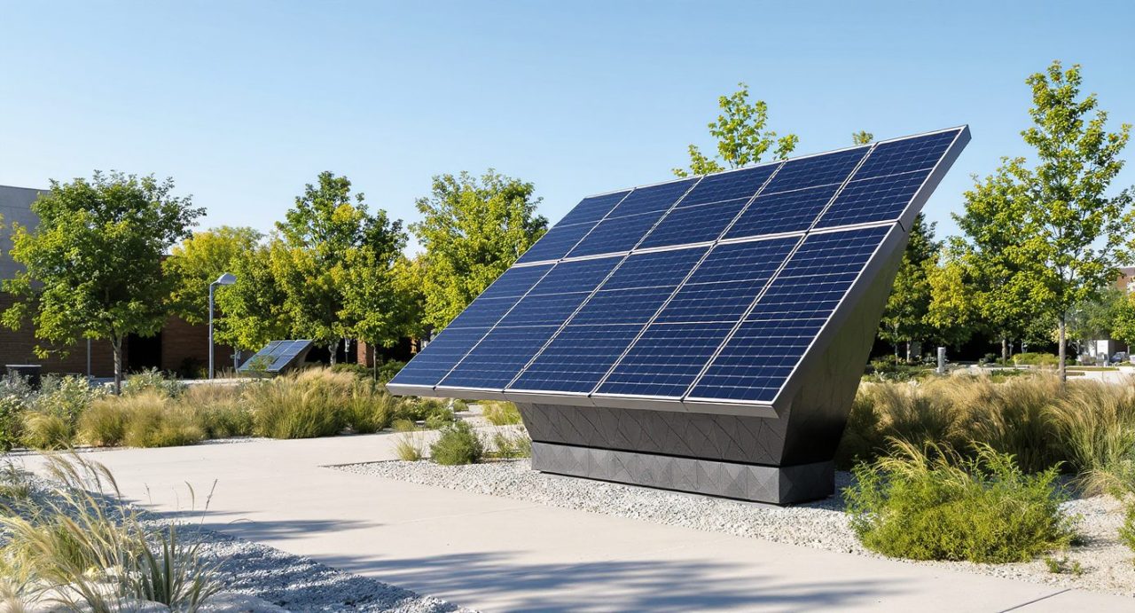 Station de recharge solaire avec panneaux et temps de chargement affiché