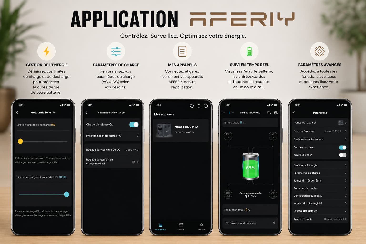 Les écrans de l'application AFERIY pour la Nomad1800 Pro : gestion de l'énergie, paramètres de charge, suivi en temps réel