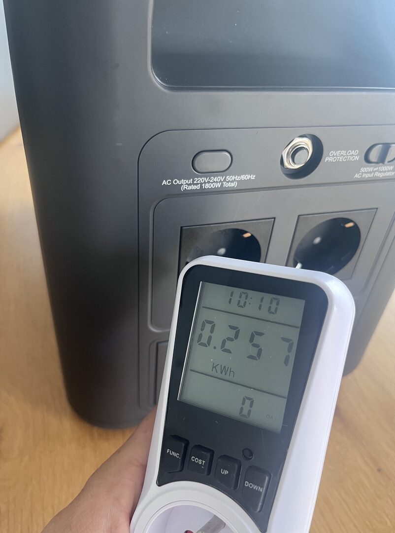 Wattmètre affichant 0,257 kWh consommés au total
