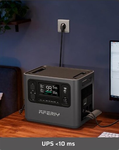 AFERIY P280 branchée sur secteur sous un bureau, en secours UPS pour un ordinateur